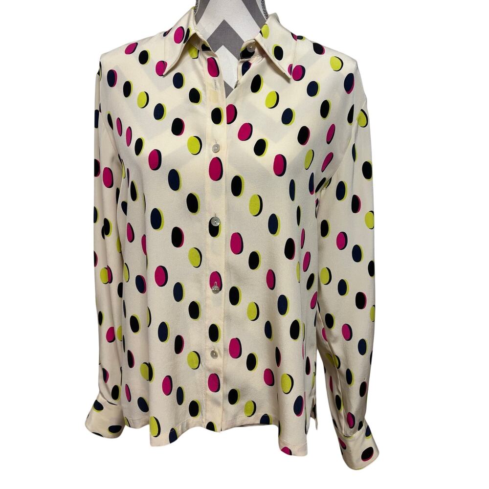 Vintage Austin Reed Silk Button Up Shirt Abstract Polka Dot Cream Pink Yellow
